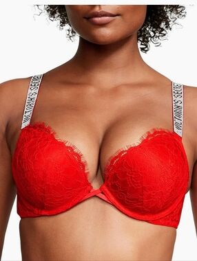 38C Victoria's Secret Red Lace Bombshell Push-Up Bra with Rhinestone Logo Straps